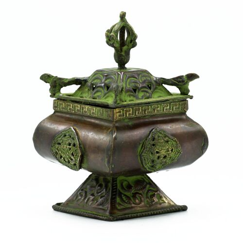 ATIH-04 - Brass Verdigris Tibetan Burner - Four Symbols Square Standing Pot - Sold in 1x unit/s per outer