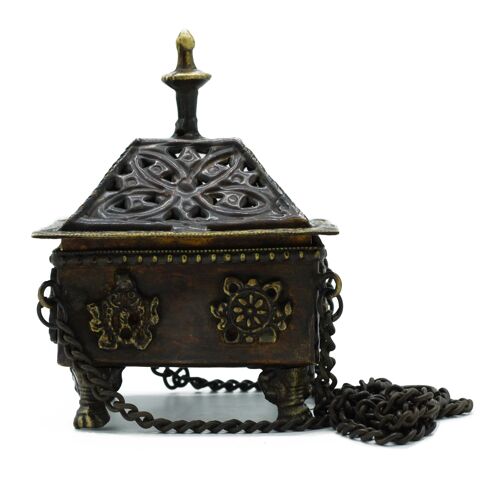 ATIH-05 - Brass Tibetan Burner - Eight Symbols Square Hanging Pot - Sold in 1x unit/s per outer