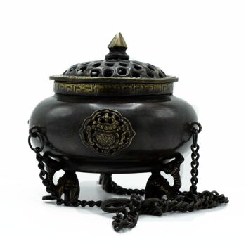ATIH-06 - Grand brûleur tibétain en laiton - Pot suspendu à quatre symboles - Vendu en 1x unité/s par extérieur 1