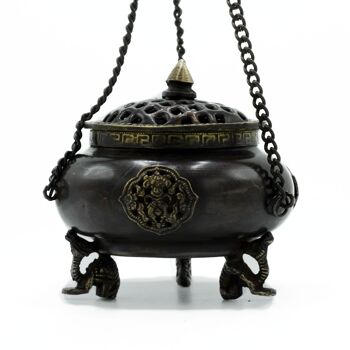 ATIH-06 - Grand brûleur tibétain en laiton - Pot suspendu à quatre symboles - Vendu en 1x unité/s par extérieur 2
