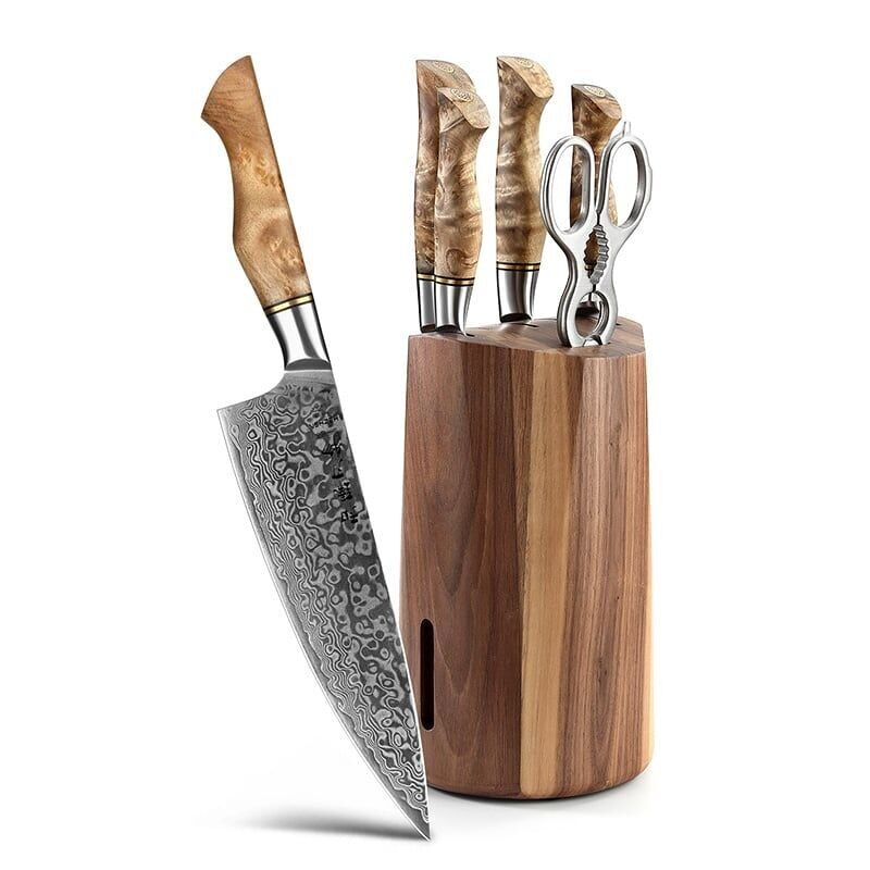 HEZHEN Damaskus 7-teiliges Set mit Block (rund) – B30 Master Series