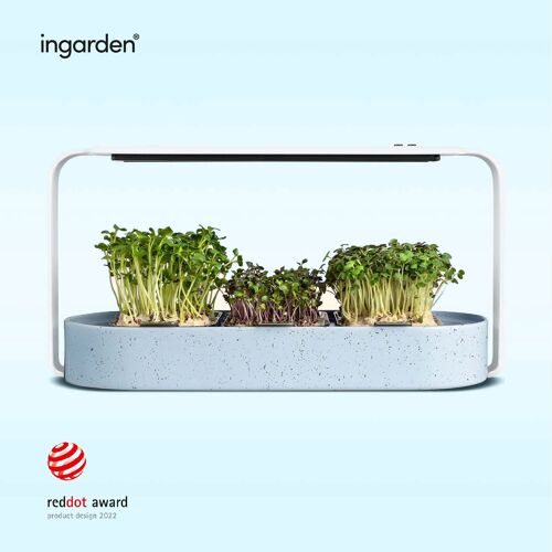 ingarden Microgreens Anzuchtset | Automatisches 4-Stufen LED Anbaulicht & Hydroponisches Bewässerungssystem | Stahlrahmen & upgecyceltes Ozeanplastik [Blau]