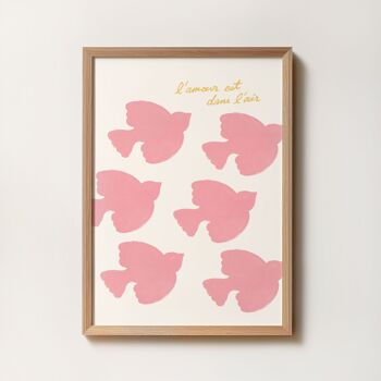 Affiche Oiseaux Roses "L'amour est dans l'air" -  Illustration peinture aquarelle - Typographie - Message en français 1