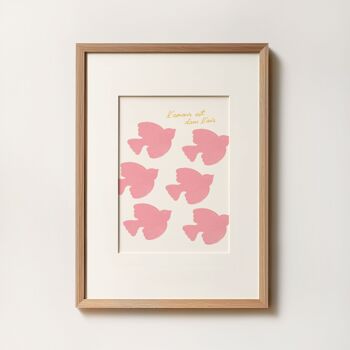 Affiche Oiseaux Roses "L'amour est dans l'air" -  Illustration peinture aquarelle - Typographie - Message en français 3