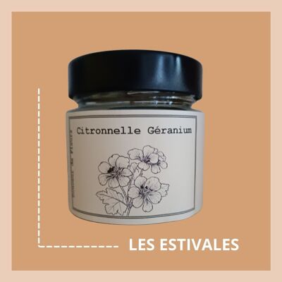 Bougie en cires de soja et colza - Citronnelle et Géranium - Répulsive - 180gr