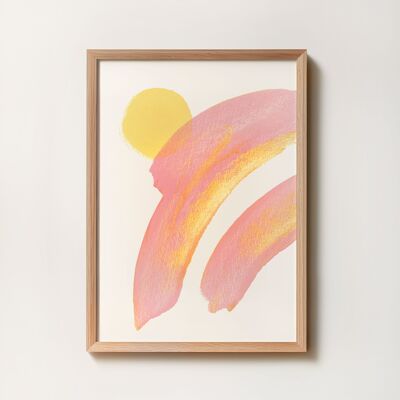 Abstraktes rosafarbenes Sonnen- und Regenbogenplakat - Gouache-Aquarellmalerei