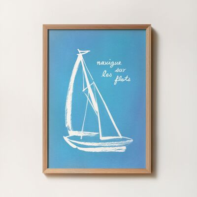 Poster di barca a vela "Vela sulle onde" - Illustrazione pittura ad acquerello - Tipografia - Messaggio in francese