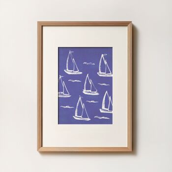 Affiche A5 A4 Voiliers -  Illustration peinture aquarelle - Motif bleu marine 3