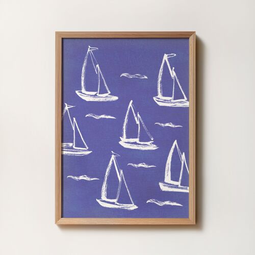 Affiche A5 A4 Voiliers -  Illustration peinture aquarelle - Motif bleu marine