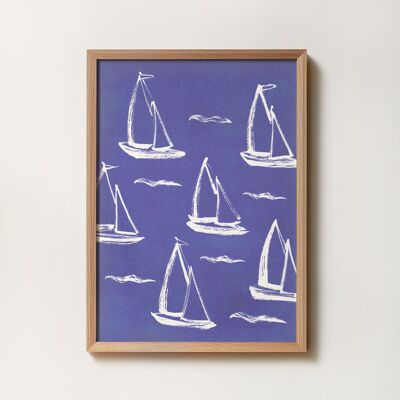 Poster A5 A4 Barche a vela - Illustrazione dipinta ad acquerello - Motivo blu navy