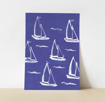 Affiche A5 A4 Voiliers -  Illustration peinture aquarelle - Motif bleu marine 2