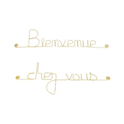 Décoration Murale en fil de Laiton Doré " Bienvenue chez vous " - à punaiser dans une entrée - Cadeau Crémaillère - Bijoux de Mur