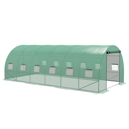 Outsunny Serre de Jardin Tunnel 18 m² serre à tomates avec système d'arrosage intégré 6L x 3l x 2H m Acier renforcé + PE Haute densité 140 g/m² 12 fenêtres Porte enroulable Vert