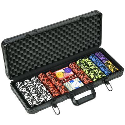 SPORTNOW Poker Case Caja de Poker Completa, con 500 Fichas de 14g, 5 Dados, 2 Barajas de Cartas, 3 Botones Texas Holdem, Cartas de Poker, Botón de Dealer