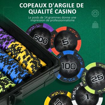 SPORTNOW Mallette de Poker Coffret de Poker Complet, avec 500 jetons à 14g, 5 dés, 2 Jeux de Cartes 3 boutons Texas Holdem, Cartes de Poker, Bouton Dealer 4