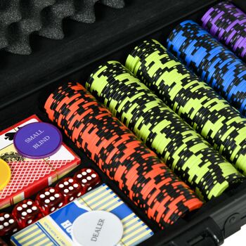 SPORTNOW Mallette de Poker Coffret de Poker Complet, avec 500 jetons à 14g, 5 dés, 2 Jeux de Cartes 3 boutons Texas Holdem, Cartes de Poker, Bouton Dealer 8
