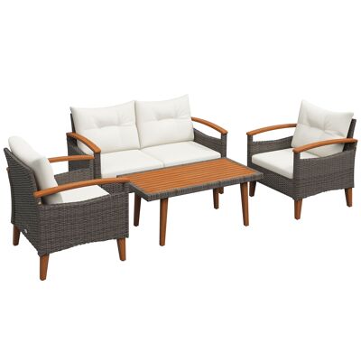 Outsunny 4-teiliges Gartenmöbel-Set aus PE-Rattan, Gartenmöbel, 2-Sitzer-Sofa, 2 Sessel mit Kissen und cremefarbener Akazienholzplatte