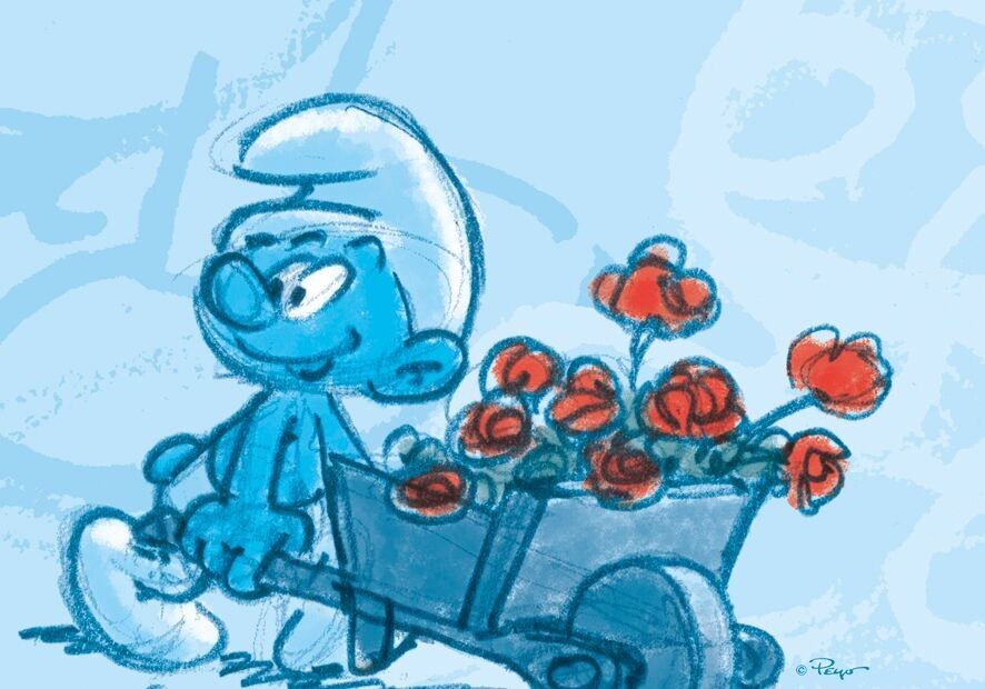 POSTCARD - SMURF WITH WHEELBARROW