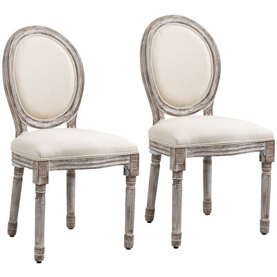 HOMCOM Lot de 2 chaises de Salle à Manger - Chaise de Salon médaillon Style Louis XVI - Bois Massif sculpté, patiné - Aspect Lin écru