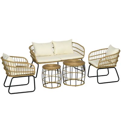 Outsunny 4-Sitzer-Gartenmöbel-Set für den Außenbereich, bestehend aus 2 Sesseln, 1 2-Sitzer-Sofa und 2 Couchtischen, inklusive Kissen – graues Rattan-Kunstharzimitat und schwarzer Stahl