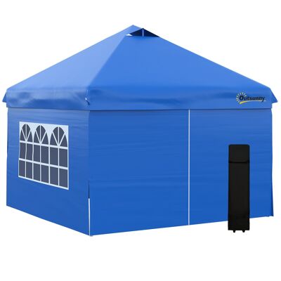 Outsunny Pop-up-Pavillon Barnum Gartenzelt 3x3 m mit 4 abnehmbaren Seitenwänden, Fenstern, Tragetasche auf Rollen – Blau