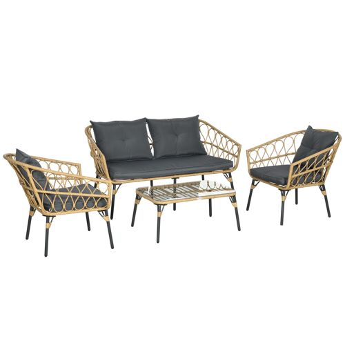 Outsunny Ensemble salon de jardin 4 pièces canapé 2 places + 2 fauteuils + 1 table basse plateau verre trempé 7 coussins - acier et résine imitation rotin - sable et gris foncé