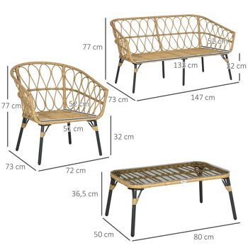 Outsunny Ensemble salon de jardin 4 pièces canapé 2 places + 2 fauteuils + 1 table basse plateau verre trempé 7 coussins - acier et résine imitation rotin - sable et gris foncé 5