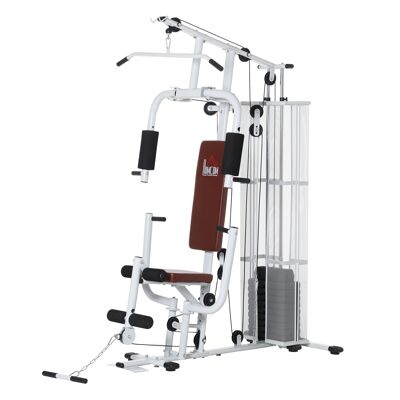 HOMCOM Bodybuilding-Station, komplettes Training, Bankdrücken, Butterfly-Stange, Latissimus-Curler, Widerstandsband, 10 Gegengewichte, 45 kg, mit weißem und braunem Stahlschutznetz