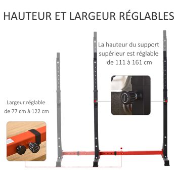 HOMCOM Support pour haltères support de squat barres de support hauteur règlable manivelle à barre parallèle gymnase à la maison acier 77-122 x 73 x 121-171 cm rouge noir 3