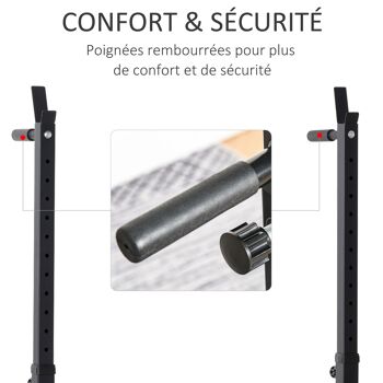 HOMCOM Support pour haltères support de squat barres de support hauteur règlable manivelle à barre parallèle gymnase à la maison acier 77-122 x 73 x 121-171 cm rouge noir 4