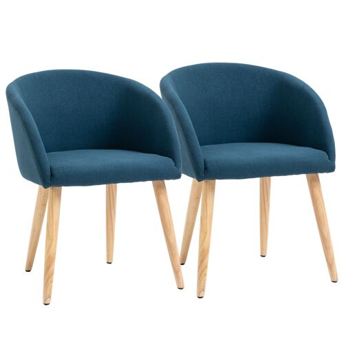 HOMCOM Lot de 2 chaises de salle à manger chaise de cuisine Design scandinave - Pieds inclinés effilés Bois Caoutchouc - Assise Dossier accoudoirs ergonomiques Aspect Lin Bleu Canard