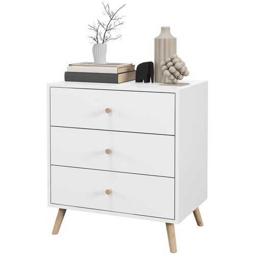 HOMCOM Commode 3 tiroirs bois massif de pin design scandinave meuble de rangement chambre blanc poignée piètement effilé