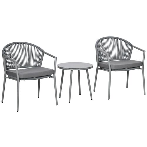 Outsunny Salon de jardin bistrot, ensemble bistrot de jardin 3 pièces cadre en acier 2 fauteuils + 1 table basse avec plateau en verre trempé, coussins inclus gris