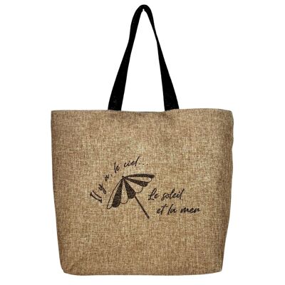 Strandtasche L, „There is the sky, the sun and the sea“ aus schimmernder Jute