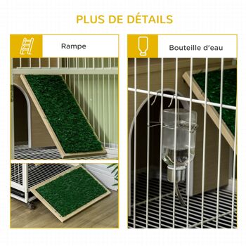 PawHut Cage à lapin clapier sur roulettes toit ouvrant plates-formes avec plateau amovible - 78 x 52,5 x 76,5 cm naturel 8