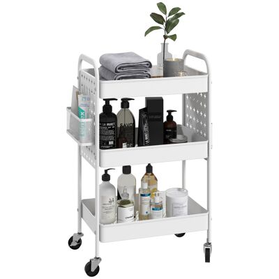 HOMCOM Trolley Lagerwagen Stahl Servicewagen auf Rollen 3 Ebenen mit 2 Körben 6 Haken 53,5 x 30,5 x 75 cm – Weiß