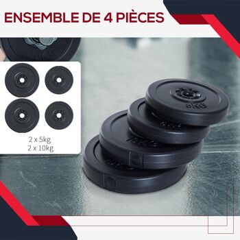 Disques de poids - lot de 4 disques d'haltère - ensemble de poids 5 Kg et 10 Kg - poids total 30 Kg - entraînement musculaire & haltérophilie - HDPE noir 3