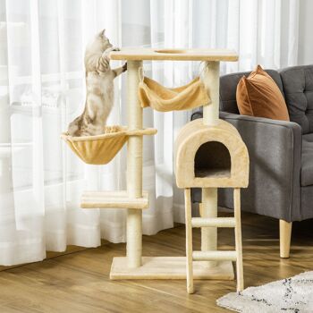 PawHut Arbre à chat griffoir arbre à grimper tour de jeu stable à plusieurs niveaux centre d'activités hauteur 98 cm beige 2