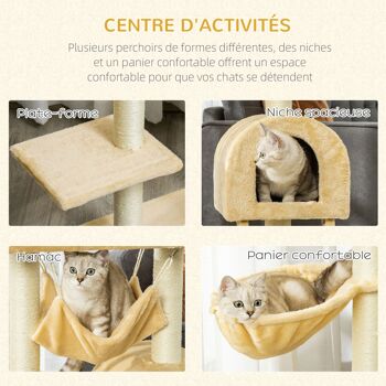 PawHut Arbre à chat griffoir arbre à grimper tour de jeu stable à plusieurs niveaux centre d'activités hauteur 98 cm beige 4