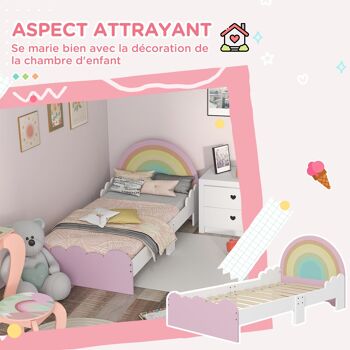 ZONEKIZ Lit pour enfants de 3 à 6 ans 143 x 74 x 66 cm design arc-en-ciel - sommier à lattes inclus, rose, chambre moderne 3