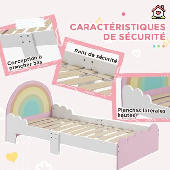 ZONEKIZ Lit pour enfants de 3 à 6 ans 143 x 74 x 66 cm design arc-en-ciel - sommier à lattes inclus, rose, chambre moderne 4