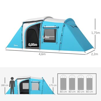Outsunny Tente de camping familiale 3-4 personnes avec 2 chambres  - 4 portes et 4 fenêtres, sac de transport, étanche, dim. 460L x 220l x 175H cm 5