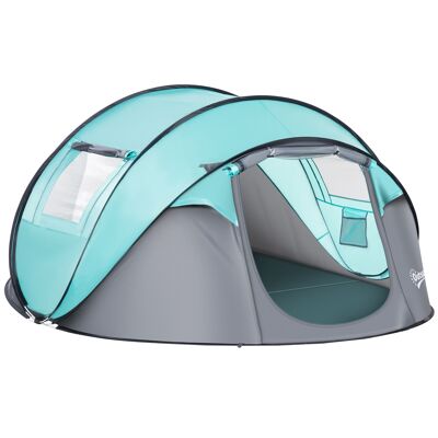 Outsunny 4-Personen-Pop-Up-Campingzelt, leicht, belüftet, wasserdicht, Kuppelzelt, einfach aufzubauen, mit 2 Fenstern, 2 Türen, Tragetasche, Abm. 286L x 209L x 122H cm Polyester blau und hellgrau