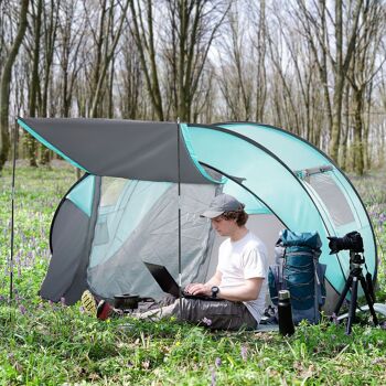 Outsunny Tente de camping pop-up pour 4 personnes tente dôme étanche légère ventilée facile à monter avec 2 fenêtres 2 portes sac de transport dim. 286L x 209l x 122H cm polyester bleu et gris clair 2