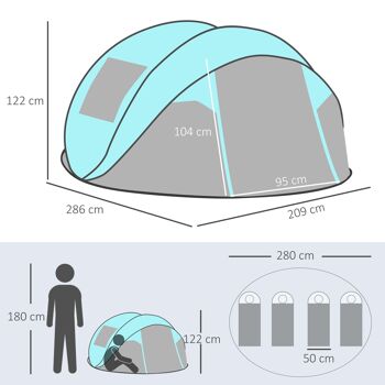 Outsunny Tente de camping pop-up pour 4 personnes tente dôme étanche légère ventilée facile à monter avec 2 fenêtres 2 portes sac de transport dim. 286L x 209l x 122H cm polyester bleu et gris clair 5
