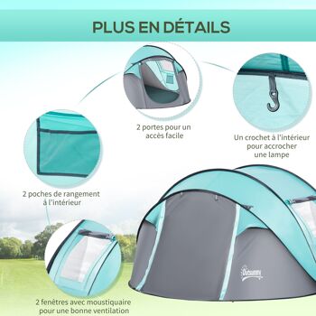 Outsunny Tente de camping pop-up pour 4 personnes tente dôme étanche légère ventilée facile à monter avec 2 fenêtres 2 portes sac de transport dim. 286L x 209l x 122H cm polyester bleu et gris clair 6