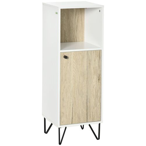 kleankin Meuble de salle de bain sur pied, meuble de rangement, armoire gain de place, 1 niche et 1 placard à porte, pieds épingles, 31,5 x 30 x 91 cm, naturel et blanc