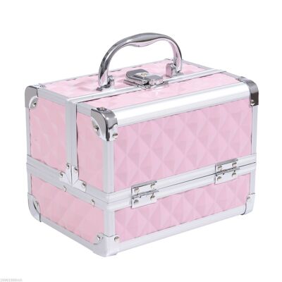 HOMCOM Make-up-Koffer – Aufbewahrung von Schönheitsprodukten – Aufbewahrung auf 3 Ebenen mit abschließbarem Spiegel und 2 Schlüsseln, Abm. 20L x 15B x 15H cm rosa