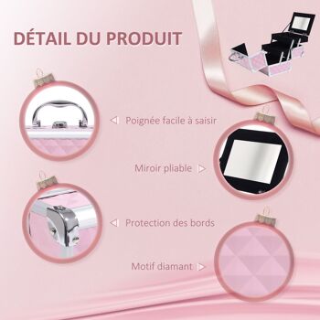 HOMCOM Mallette à maquillage - rangement produits de beauté - rangement à 3 niveaux avec miroir verrouillage avec 2 clés dim. 20L x 15l x 15H cm rose 4