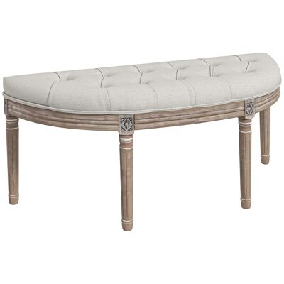 HOMCOM Banc bout de lit banc d'entrée en forme demi-lune, banquette capitonnée, style Louis XVI, structure en bois massif sculpté, patiné, siège en tissu aspect lin, crème